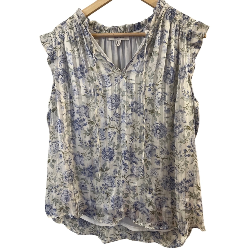 Haven + Blair Blouse Women 1X Blue Floral Metallic Pleated Ruffle So Flattering!
